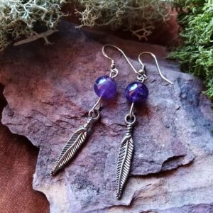Boucles d'oreilles plume et perles d'Améthyste