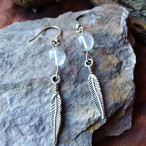 Boucles d'oreilles Plume et Cristal de Roche