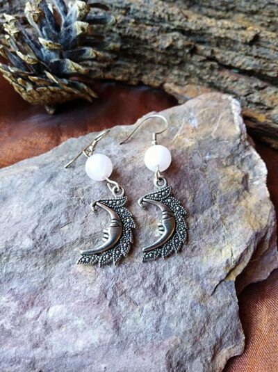 Boucles d’oreilles Lune et Quartz Rose