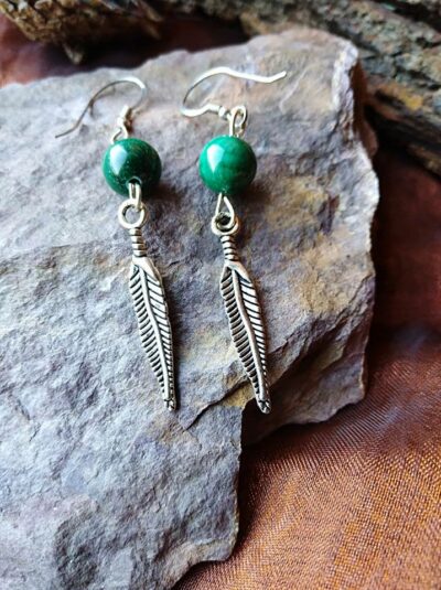 Boucles d’oreilles Plume et Malachite Protection et Maîtrise