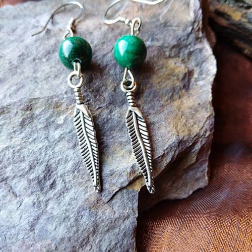 Boucles d’oreilles Plume et Malachite Protection et Maîtrise