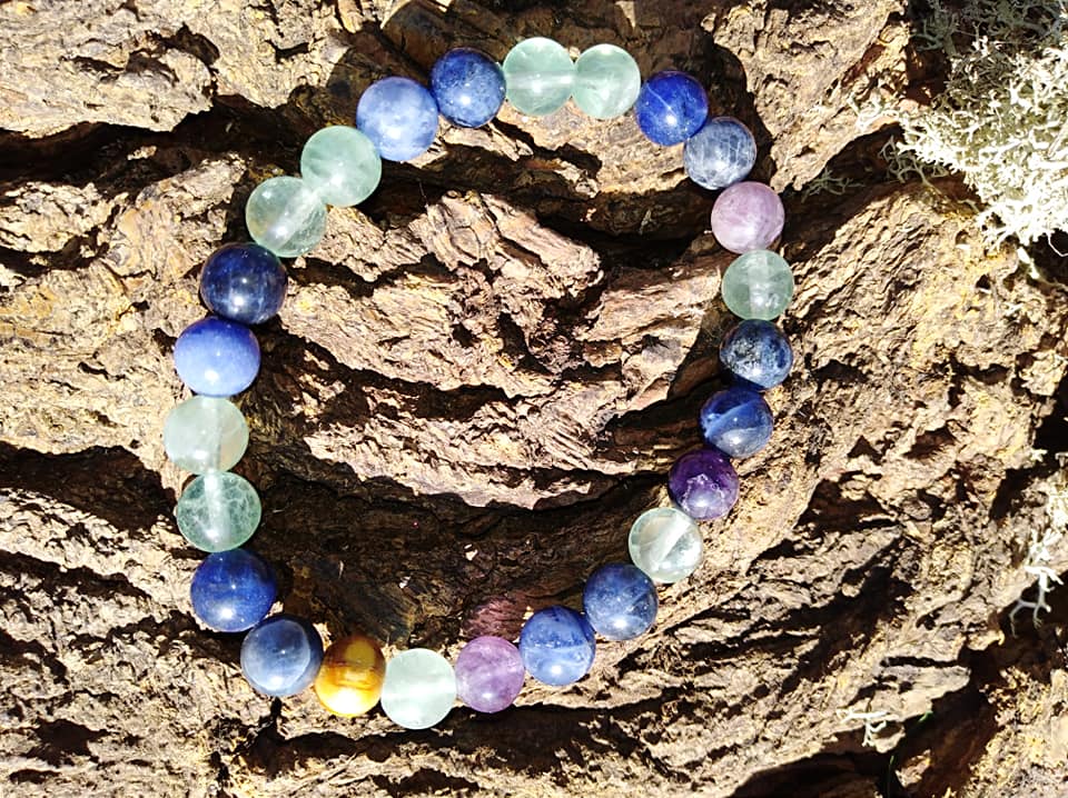 Bracelet étude en perles de 8 mm. Fluorite et sodalite