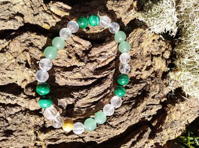 Bracelet Amour en perles de 8 mm. Aventurine verte, malachite et cristal