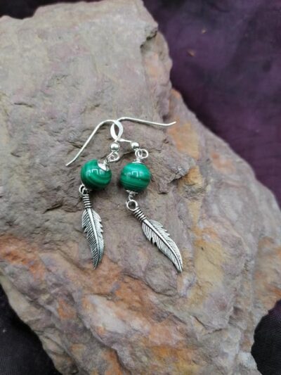 Boucles d’oreilles Plume et Malachite – Argent 925