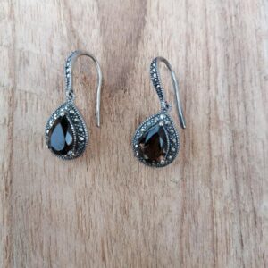 Boucles d’oreilles en Quartz fumé facetté et Marcassite – Argent 925