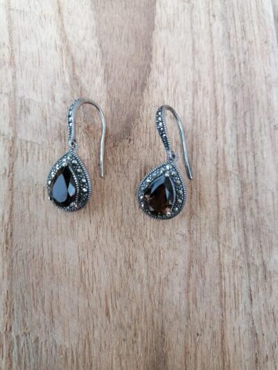 Boucles d’oreilles en Quartz fumé facetté et Marcassite – Argent 925