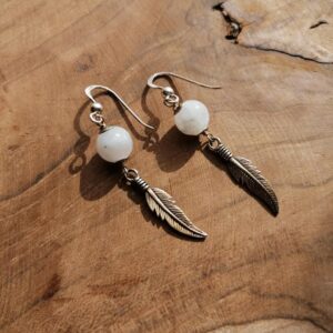 Boucles d’oreilles Plumes Pierre de Lune – Argent