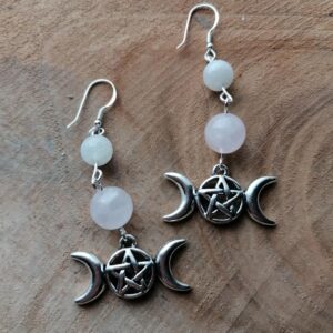 Boucles d'oreilles Triple Lune - Quartz Rose & Pierre de lune arc-en-ciel