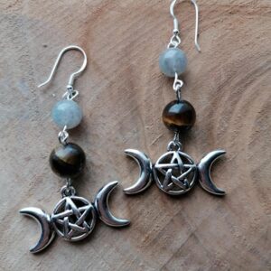 Boucles d’oreilles Triple Lune – Oeil de Tigre & Labradorite