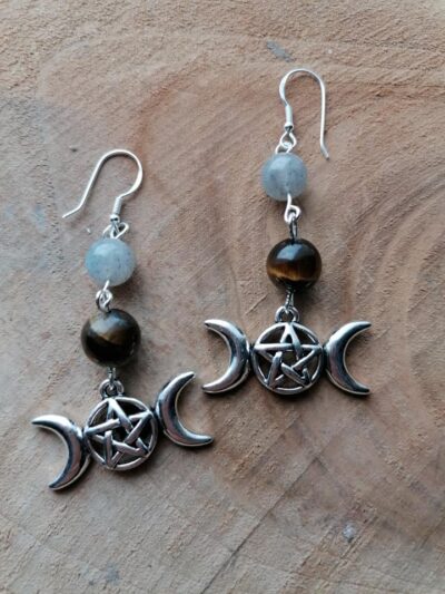 Boucles d’oreilles Triple Lune – Oeil de Tigre & Labradorite