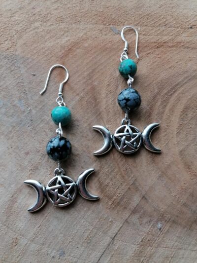 Boucles d’oreilles Triple Lune – Obsidienne & Turquoise