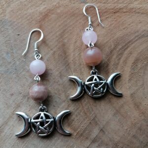 Boucles d’oreilles Triple Lune – Pierre de lune & Quartz rose