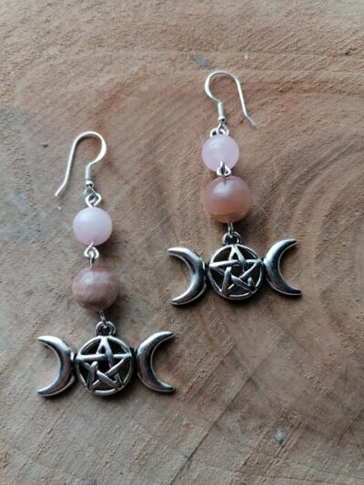 Boucles d’oreilles Triple Lune – Pierre de lune & Quartz rose