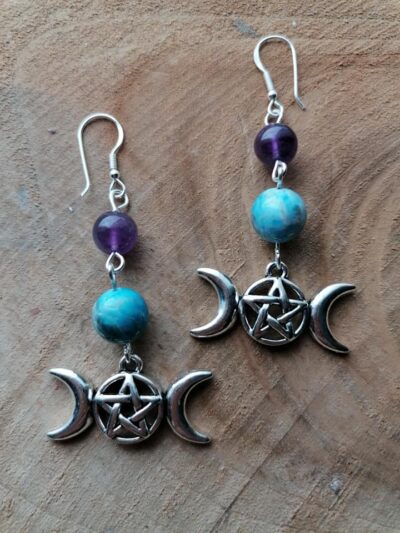 Boucles d’oreilles Triple Lune – Apatite & Améthyste