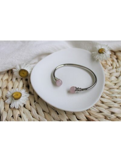 Bracelet cuivre avec Aimants Jonc Métal argenté Perles Quartz Rose