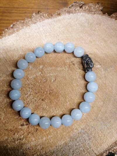 Bracelet Aigue-Marine perles de 8 mm et tête de Bouddha