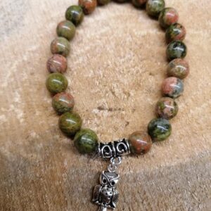 Bracelet Unakite perles de 8 mm et Hiboux