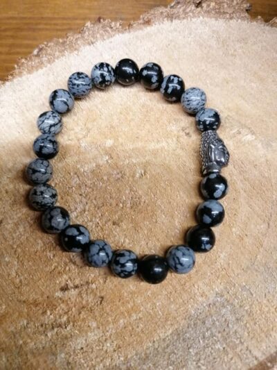 Bracelet Obsidienne Flocons perles de 8 mm et tête de Bouddha