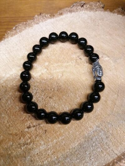 Bracelet Tourmaline Noire perles de 8 mm et tête de Bouddha