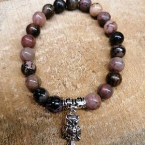 Bracelet Rhodonite perles de 8 mm et Hiboux