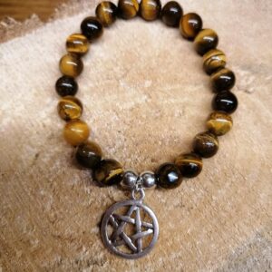 Bracelet Oeil de Tigre perles de 8 mm et Pentagramme