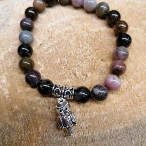 Bracelet Tourmaline Melon d’eau perles de 8 mm et Hiboux
