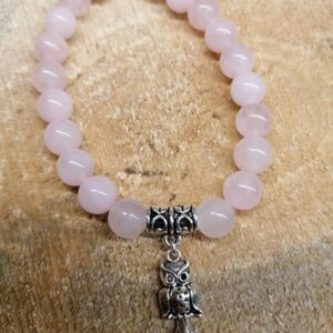 Bracelet Quartz Rose perles de 8 mm et Hiboux