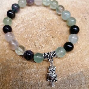 Bracelet Fluorite perles de 8 mm et Hiboux