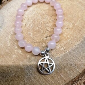 Bracelet Quartz Rose perles de 8 mm et Pentagramme