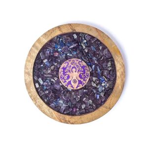 Dessous de verre bois Déesse, améthyste et lapis lazuli